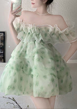 Load image into Gallery viewer, DIY Green Slash Neck Print Tulle Mid Dress Summer