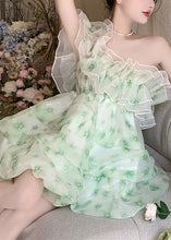 Load image into Gallery viewer, DIY Green Slash Neck Print Tulle Mid Dress Summer