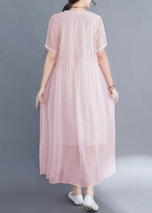 DIY Pink Embroideried Exra Large Hem Cotton Long Dress Summer