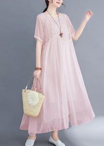 DIY Pink Embroideried Exra Large Hem Cotton Long Dress Summer