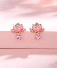 Load image into Gallery viewer, DIY Pink Sterling Silver Overgild Inlaid Zircon Enamerl Stud Earrings