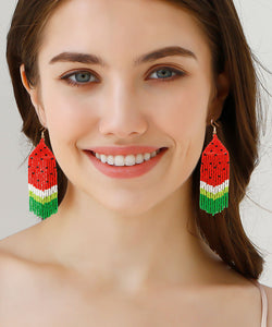 DIY Red Handmade Beading Knit Fabric Watermelon Tassel Drop Earrings