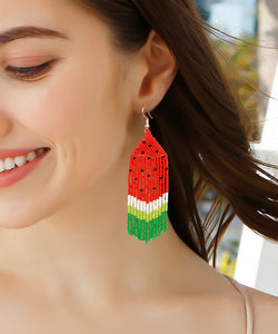 DIY Red Handmade Beading Knit Fabric Watermelon Tassel Drop Earrings