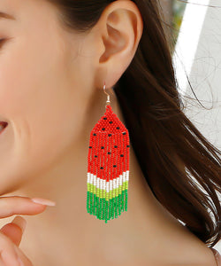 DIY Red Handmade Beading Knit Fabric Watermelon Tassel Drop Earrings