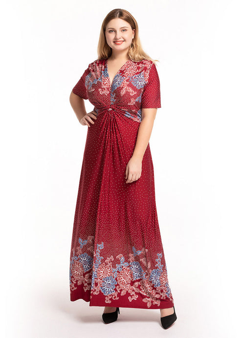 DIY Red V Neck Wrinkled Print Ice Size Long Dress Short Sleeve