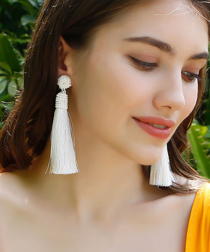 DIY White Silk Cotton Rice Ball Solid Tassel Drop Earrings