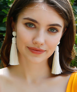 DIY White Silk Cotton Rice Ball Solid Tassel Drop Earrings