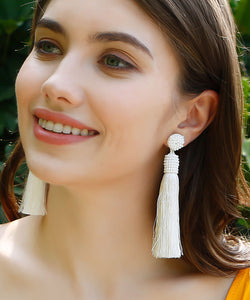 DIY White Silk Cotton Rice Ball Solid Tassel Drop Earrings