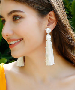 DIY White Silk Cotton Rice Ball Solid Tassel Drop Earrings