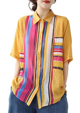 Load image into Gallery viewer, DIY Yellow Striped Zircon Patchwork Cotton Shirts Tops Summer