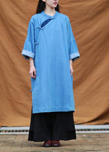 Load image into Gallery viewer, DIY denim blue quilting dresses stand collar patchwork Maxi Dresses