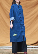 Load image into Gallery viewer, DIY denim blue tunic stand collar pockets Maxi Dress