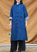 Load image into Gallery viewer, DIY denim blue tunic stand collar pockets Maxi Dress