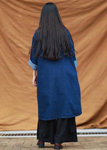 DIY denim blue tunic stand collar pockets Maxi Dress