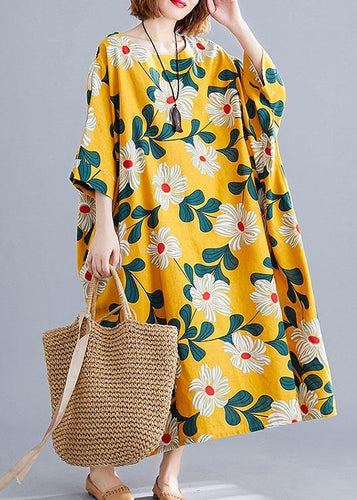 DIY o neck pockets linen cotton dress Tunic Tops yellow print Dresses