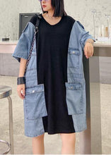 Load image into Gallery viewer, DIY o neck summer tunics for women black patchwork denim blue Dresses