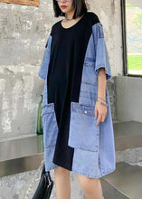 Load image into Gallery viewer, DIY o neck summer tunics for women black patchwork denim blue Dresses