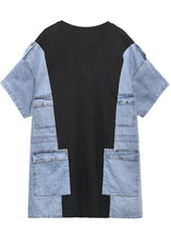 Load image into Gallery viewer, DIY o neck summer tunics for women black patchwork denim blue Dresses