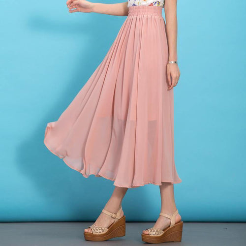 DIY pink elastic waist chiffon clothes big hem Traveling summer Dresses