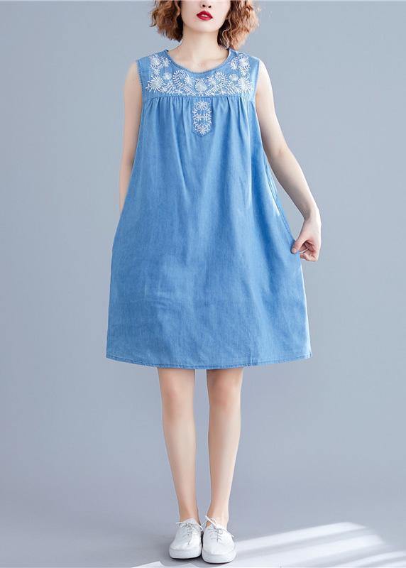 DIY sleeveless embroidery Cotton clothes Women Work denim blue Dresses summer