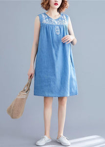 DIY sleeveless embroidery Cotton clothes Women Work denim blue Dresses summer