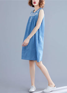 DIY sleeveless embroidery Cotton clothes Women Work denim blue Dresses summer