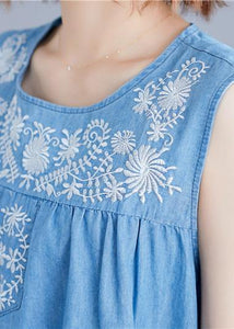 DIY sleeveless embroidery Cotton clothes Women Work denim blue Dresses summer