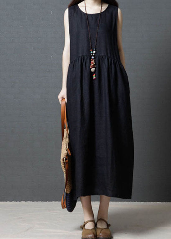 Diy Black O Neck Wrinkled Patchwork Cotton Dress Sleeveless