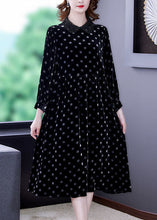 Load image into Gallery viewer, Diy Black Peter Pan Collar Dot Print Nail Bead Silk Velour Holiday Dress Spring