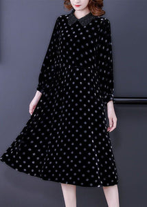 Diy Black Peter Pan Collar Dot Print Nail Bead Silk Velour Holiday Dress Spring