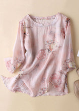 Load image into Gallery viewer, Diy Pink O-Neck Print Side Open Cotton Linen Tops Half Sleeve