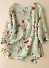 Load image into Gallery viewer, Diy Pink O-Neck Print Side Open Cotton Linen Tops Half Sleeve