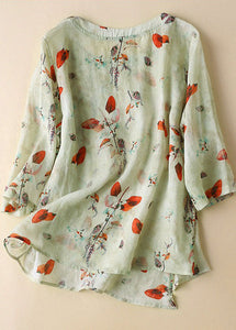 Diy Pink O-Neck Print Side Open Cotton Linen Tops Half Sleeve