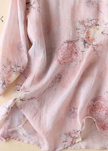 Load image into Gallery viewer, Diy Pink O-Neck Print Side Open Cotton Linen Tops Half Sleeve