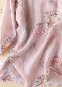 Diy Pink O-Neck Print Side Open Cotton Linen Tops Half Sleeve