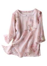 Load image into Gallery viewer, Diy Pink O-Neck Print Side Open Cotton Linen Tops Half Sleeve