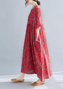 Diy Red Pockets Print Cotton Maxi Dresses Cinched