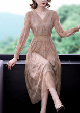 Load image into Gallery viewer, Elegant Apricot Elastic Waist Hollow Out Lace Dress Spring