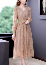 Load image into Gallery viewer, Elegant Apricot Elastic Waist Hollow Out Lace Dress Spring