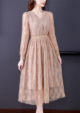 Load image into Gallery viewer, Elegant Apricot Elastic Waist Hollow Out Lace Dress Spring