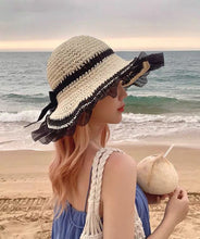 Load image into Gallery viewer, Elegant Beige Bow Patchwork Lace Straw Woven Floppy Sun Hat