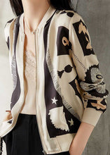 Load image into Gallery viewer, Elegant Beige V Neck Zippered Patchwork Print Silk Coat Spring