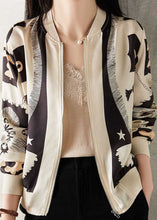 Load image into Gallery viewer, Elegant Beige V Neck Zippered Patchwork Print Silk Coat Spring