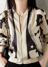 Load image into Gallery viewer, Elegant Beige V Neck Zippered Patchwork Print Silk Coat Spring