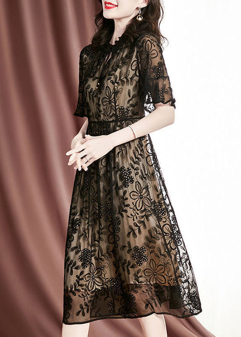 Elegant Black Embroideried Hollow Out Silk Long Dresses Summer