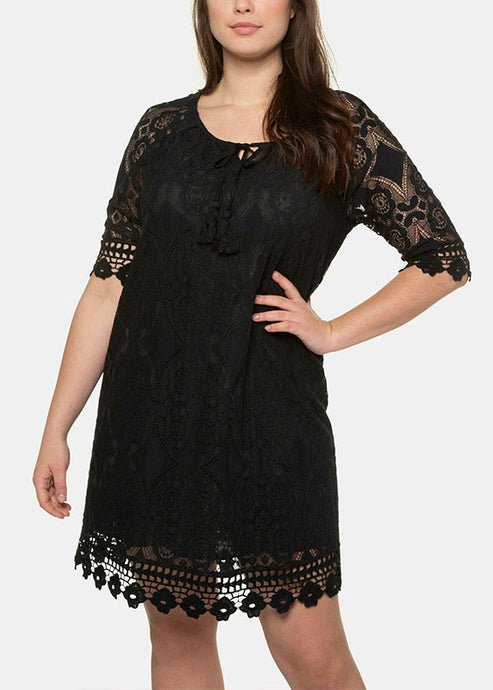 Elegant Black Hollow Out Party Lace Mid Dress Half Sleeve