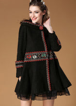 Load image into Gallery viewer, Elegant Black Hooded Embroideried Woolen Coat Winter