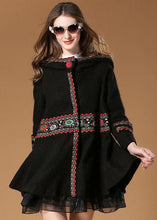 Load image into Gallery viewer, Elegant Black Hooded Embroideried Woolen Coat Winter