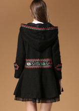 Load image into Gallery viewer, Elegant Black Hooded Embroideried Woolen Coat Winter