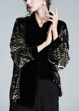 Load image into Gallery viewer, Elegant Black Peter Pan Collar Print Patchwork Button Silk Velour Shirt Long Sleeve